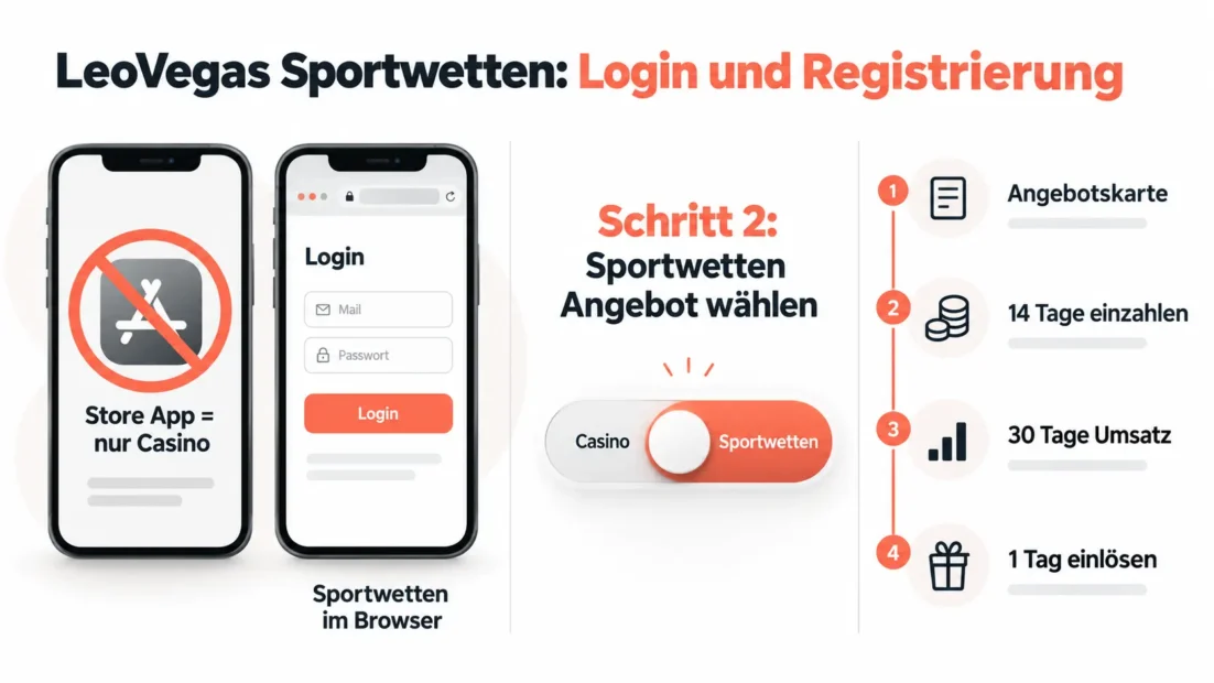 LeoVegas Sportwetten: Die Store App ist nur fürs Casino, gewettet wird im Browser, beim Anmelden das Sportwetten Angebot wählen und die Bonusfristen im Blick behalten