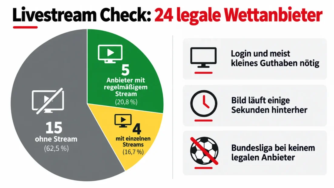Livestream Check: Von 24 legalen Wettanbietern zeigen 5 regelmäßig Streams, 4 nur einzelne Spiele, 15 keine