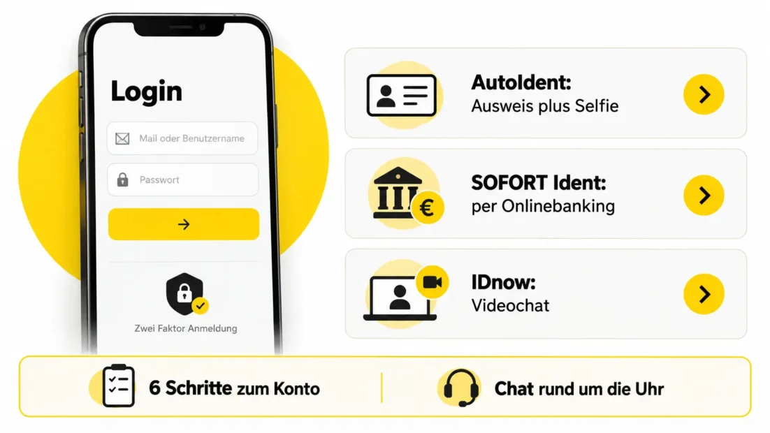 bwin Konto: Login mit Mailadresse oder Benutzername samt Zwei Faktor Anmeldung, dazu die drei Wege zur Verifizierung AutoIdent, SOFORT Ident und IDnow