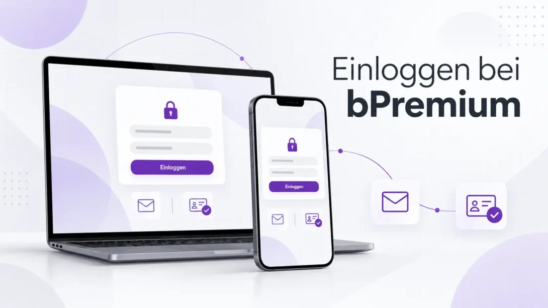 bPremium Login: Anmeldefenster auf Laptop und Smartphone mit Hinweis auf Mail Support und Ausweisprüfung
