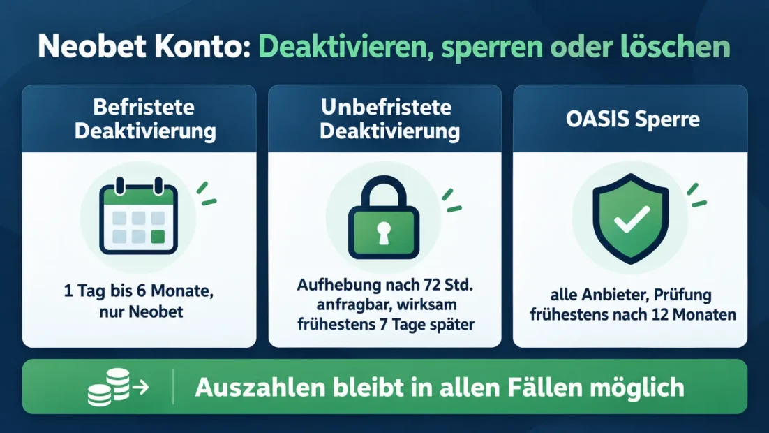 Neobet Konto: befristete und unbefristete Deaktivierung und OASIS Sperre im Vergleich