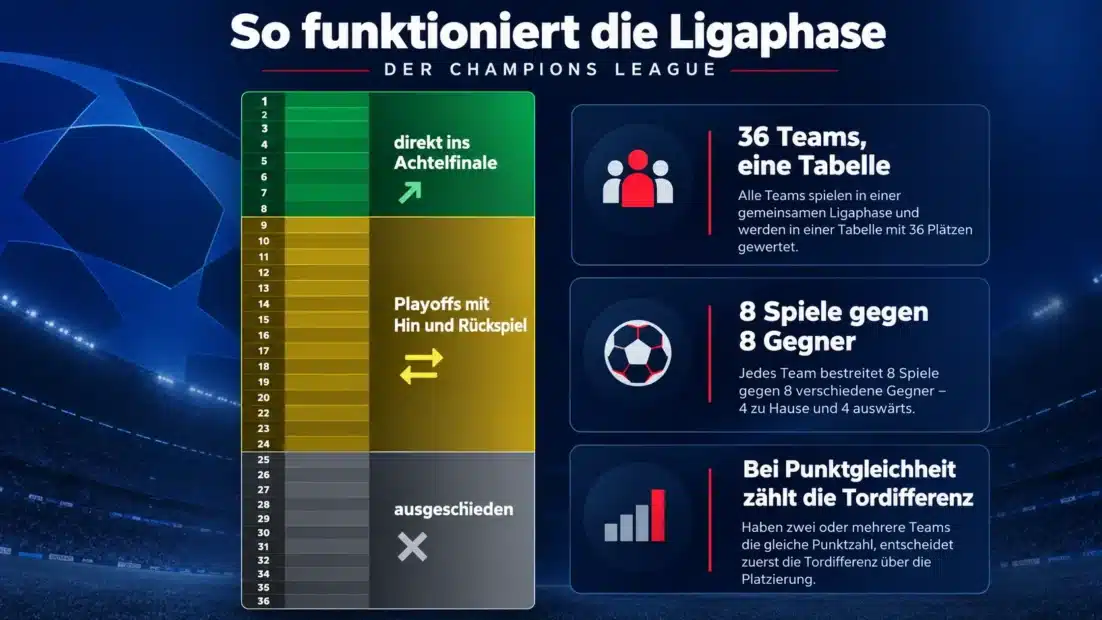 So funktioniert die Ligaphase der Champions League: Plätze 1 bis 8 direkt ins Achtelfinale, 9 bis 24 in die Playoffs, ab Platz 25 ausgeschieden