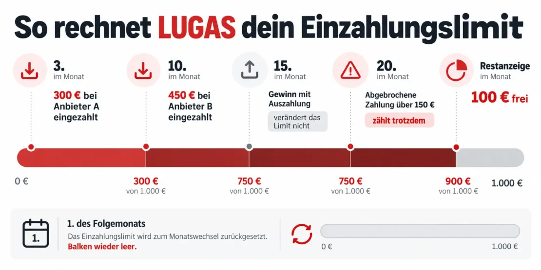 So rechnet LUGAS dein Einzahlungslimit: Einzahlungen bei zwei Anbietern, ein Gewinn mit Auszahlung und eine abgebrochene Zahlung im Verlauf eines Monats, am Monatsersten ist das Limit wieder frei