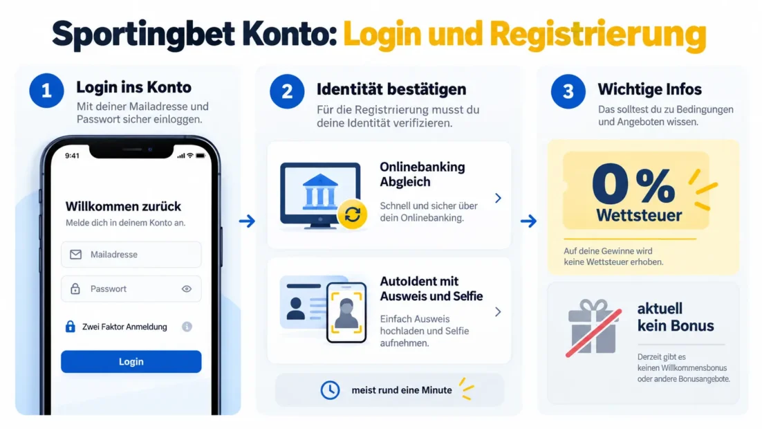 Sportingbet Konto: Login mit Mailadresse und Passwort samt Zwei Faktor Anmeldung, Verifizierung per Onlinebanking oder AutoIdent, keine Wettsteuer und aktuell kein Bonus