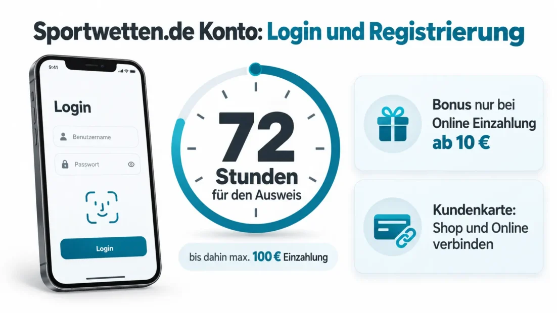 Sportwetten.de Konto: Login per Face ID in der iPhone App, 72 Stunden für den Ausweis mit höchstens 100 € Einzahlung, Bonus bei Online Einzahlung und Kundenkarte für Shop und Online