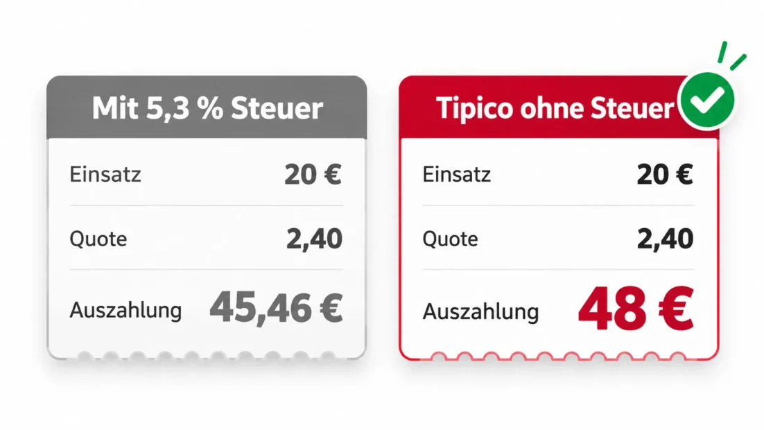 Steuervergleich: 20 € auf Quote 2,40 ergeben mit 5,3 % Steuer 45,46 €, bei Tipico ohne Steuer 48 €