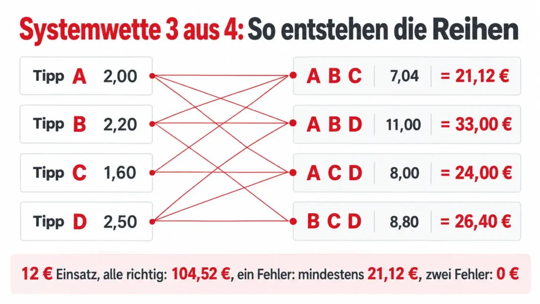 Systemwette 3 aus 4 erklärt: vier Tipps mit den Quoten 2,00, 2,20, 1,60 und 2,50 ergeben vier Reihen mit 21,12 €, 33,00 €, 24,00 € und 26,40 € Auszahlung bei 3 € pro Reihe