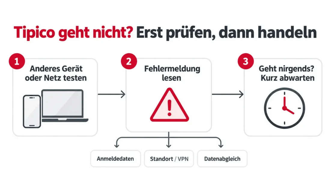 Tipico geht nicht: erst anderes Gerät oder Netz testen, dann die Fehlermeldung lesen und bei einem echten Ausfall kurz abwarten