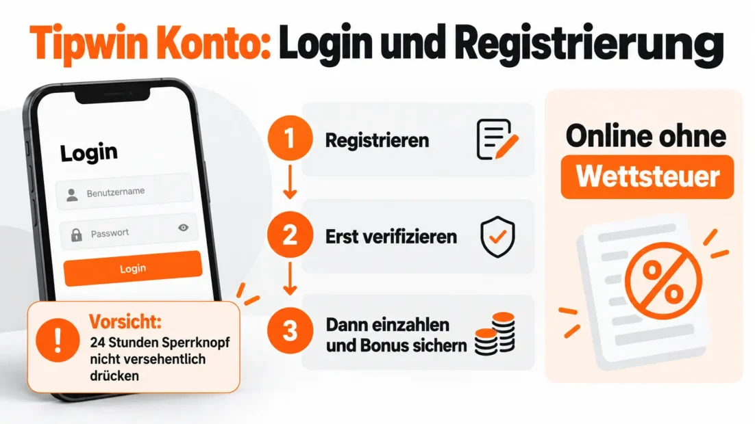 Tipwin Konto: Login mit Benutzername und Passwort, Warnung vor dem 24 Stunden Sperrknopf und die Reihenfolge registrieren, verifizieren, einzahlen