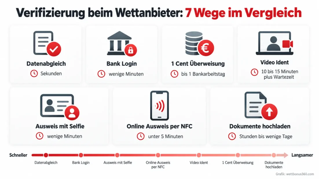 Verifizierung beim Wettanbieter: sieben Prüfverfahren von Datenabgleich bis Dokumentenupload mit typischer Dauer im Vergleich