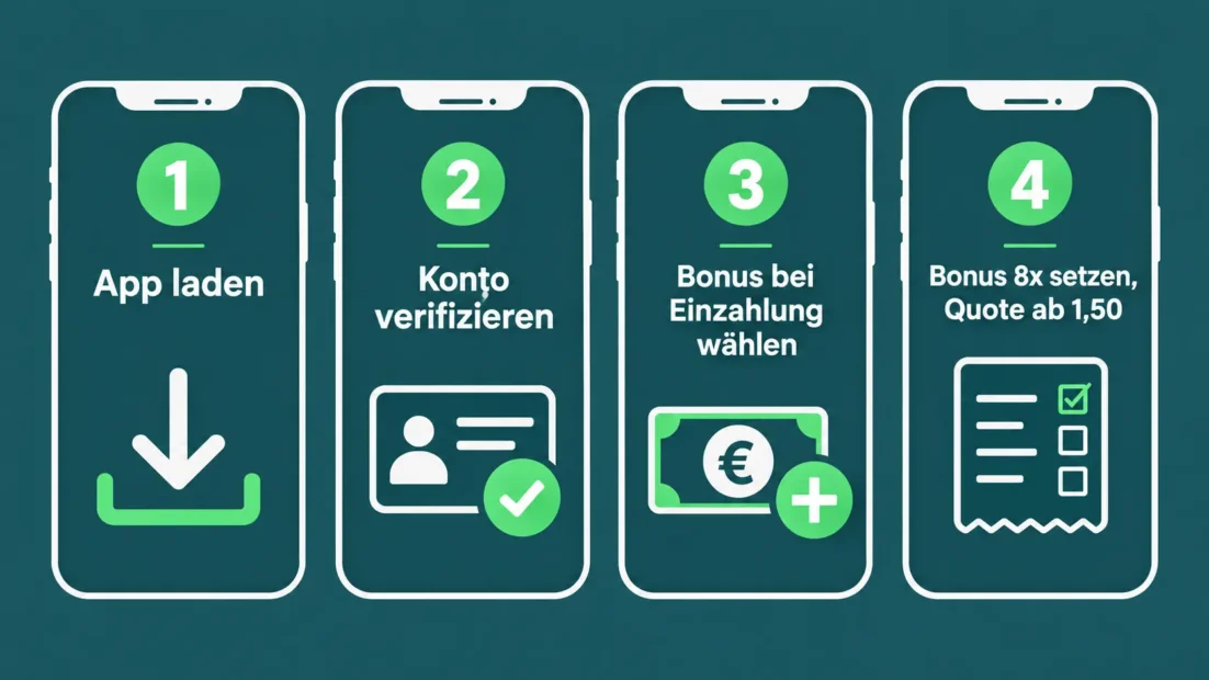 Letsbet App Bonus in vier Schritten: App laden, Konto verifizieren, Bonus bei der Einzahlung wählen, Bonus achtmal ab Quote 1,50 setzen