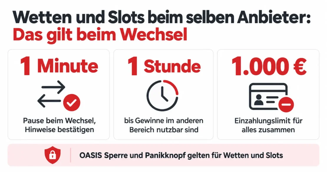 Wetten und Slots beim selben Anbieter: eine Minute Pause beim Wechsel mit Hinweisen zum Bestätigen, eine Stunde Wartezeit bis Gewinne im anderen Bereich nutzbar sind, 1.000 € Einzahlungslimit für alles zusammen, OASIS Sperre und Panikknopf gelten für Wetten und Slots