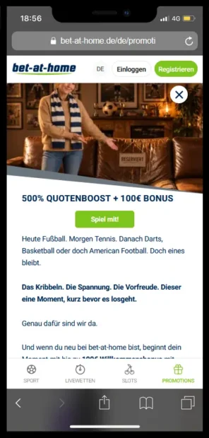 Neukundenangebot von bet at home mit 500 Prozent Quotenboost und 100 Euro Bonus auf dem Smartphone