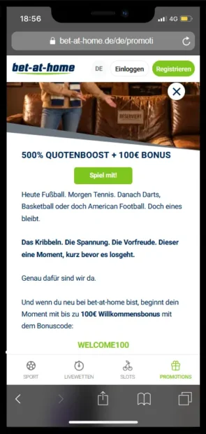 Promotionseite von bet at home mit 500 Prozent Quotenboost, 100 Euro Bonus und Bonuscode WELCOME100 auf dem Smartphone