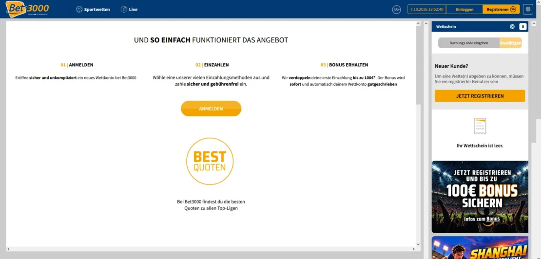 Bet3000 Willkommensbonus mit 100 Prozent bis 100 Euro