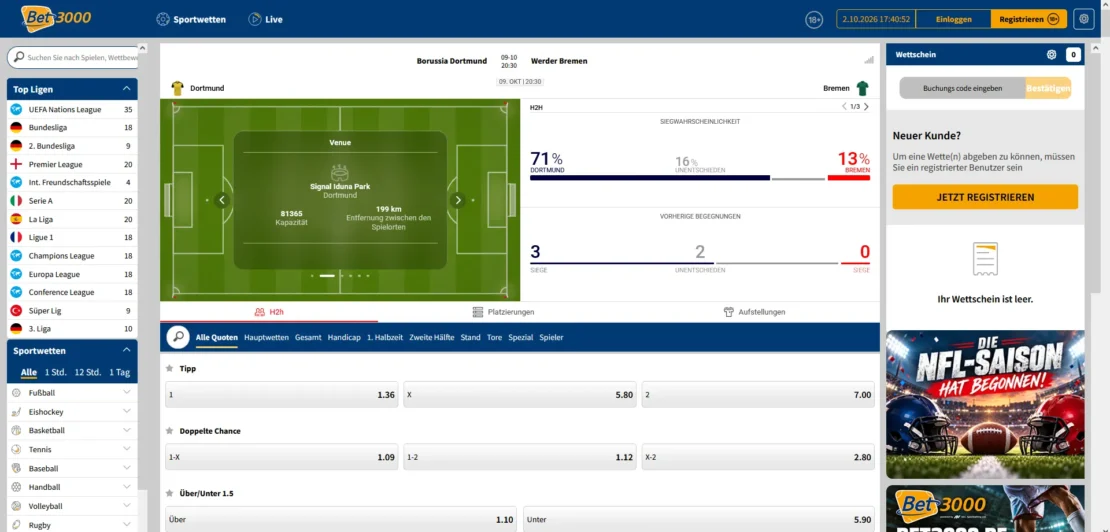 Fußballprogramm von Bet3000 mit Marktleiste