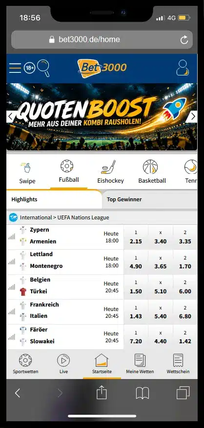Mobile Startseite von Bet3000 im Browser