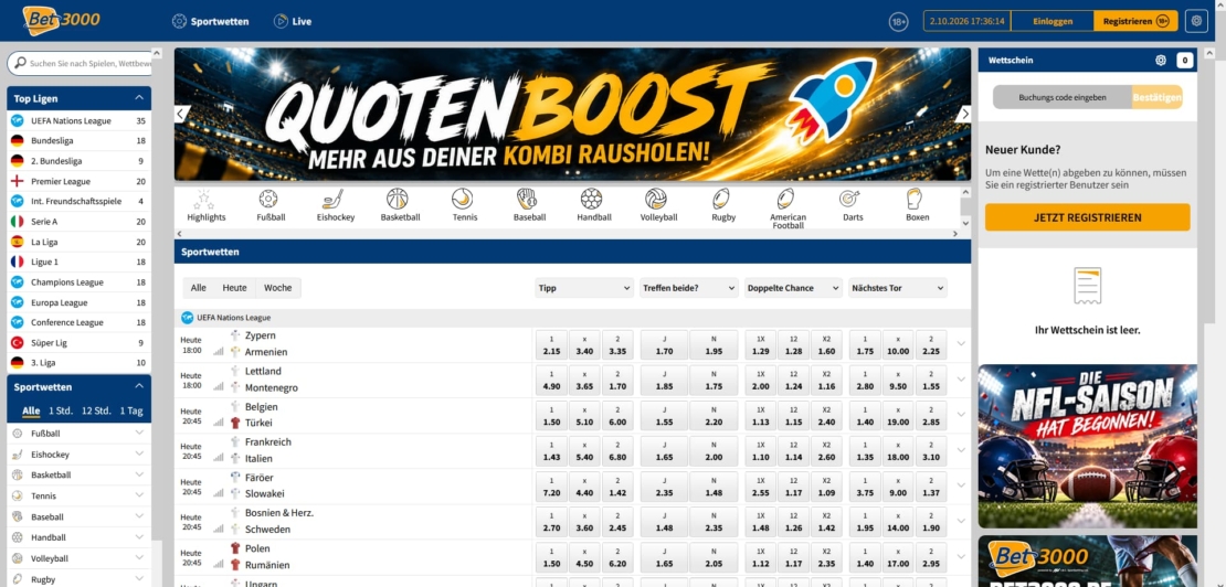 Startseite von Bet3000 am Desktop