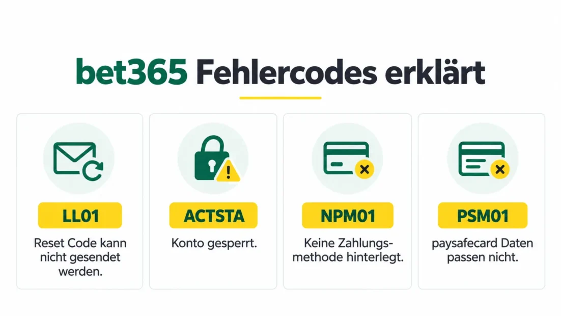 bet365 Fehlercodes erklärt: LL01 Reset Code kann nicht gesendet werden, ACTSTA Konto gesperrt, NPM01 keine Zahlungsmethode, PSM01 paysafecard Daten passen nicht