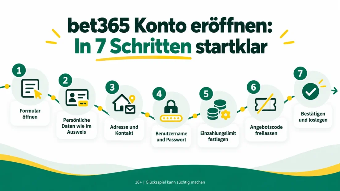 bet365 Konto eröffnen in 7 Schritten: Formular öffnen, persönliche Daten wie im Ausweis, Adresse und Kontakt, Benutzername und Passwort, Einzahlungslimit festlegen, Angebotscode freilassen, bestätigen
