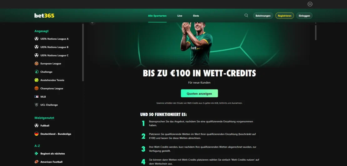 Eröffnungsangebot von bet365 mit bis zu 100 € in Wett Credits