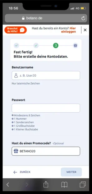 Registrierung bei Betano mit dem Feld für den Promocode