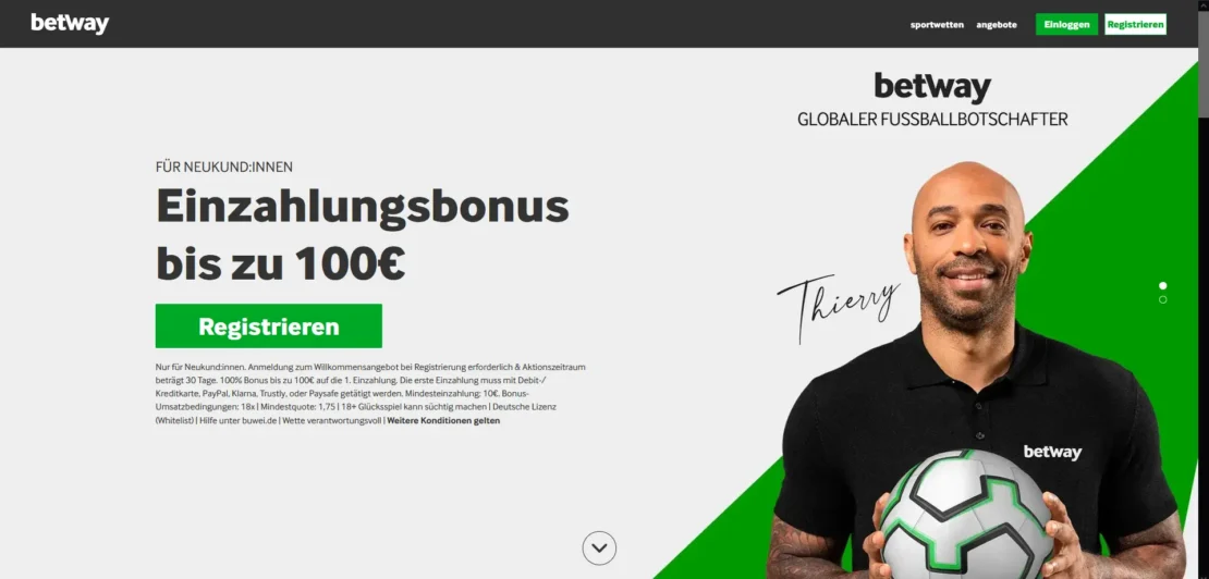 Betway Willkommensbonus ohne Promo Code mit 100 Prozent bis 100 Euro