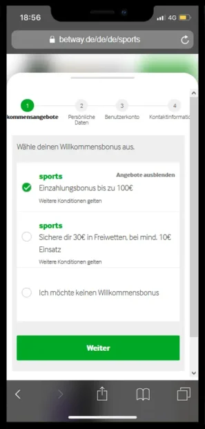 Betway Anmeldung mit Auswahl des Sport Willkommensbonus statt Promo Code