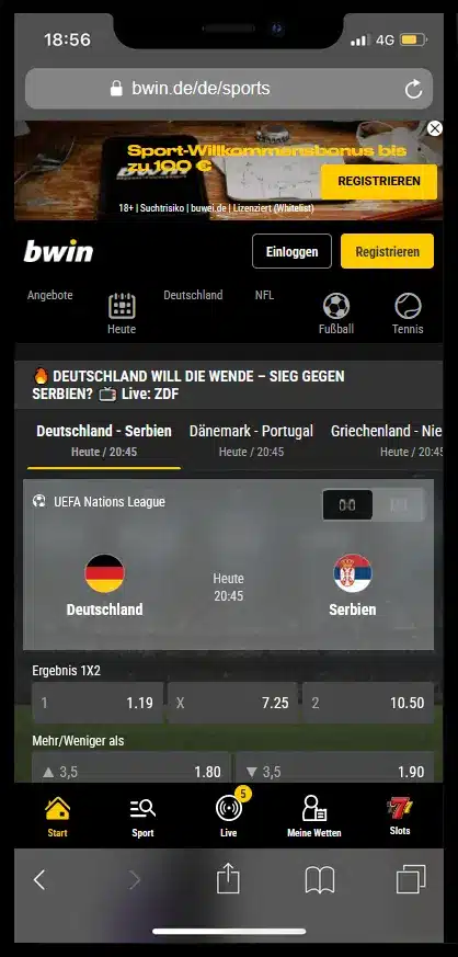 bwin App Startseite auf dem Smartphone