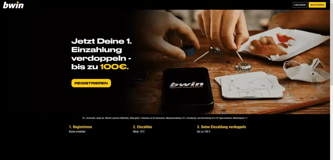 Anmelde Angebot von bwin mit 100 Prozent Bonus bis 100 Euro