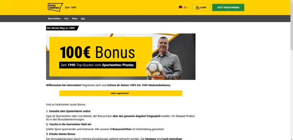 Interwetten Neukundenbonus mit 100 Prozent bis 100 Euro