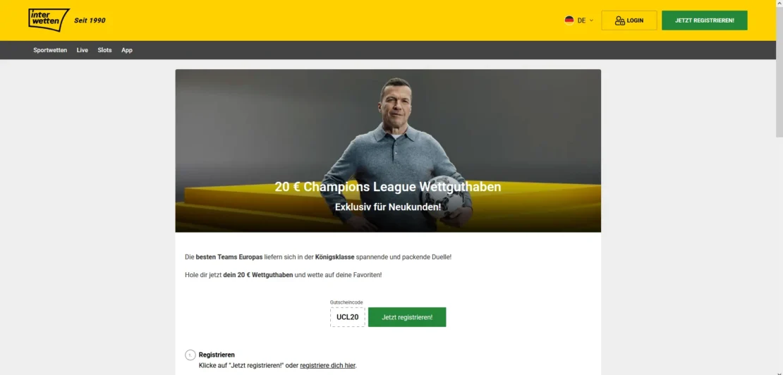 Aktionsseite von Interwetten mit 20 Euro Champions League Wettguthaben und Gutscheincode UCL20 für Neukunden