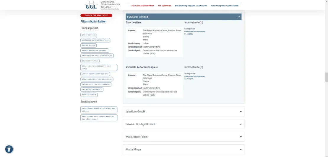 Eintrag von LeoVegas auf der Whitelist der GGL