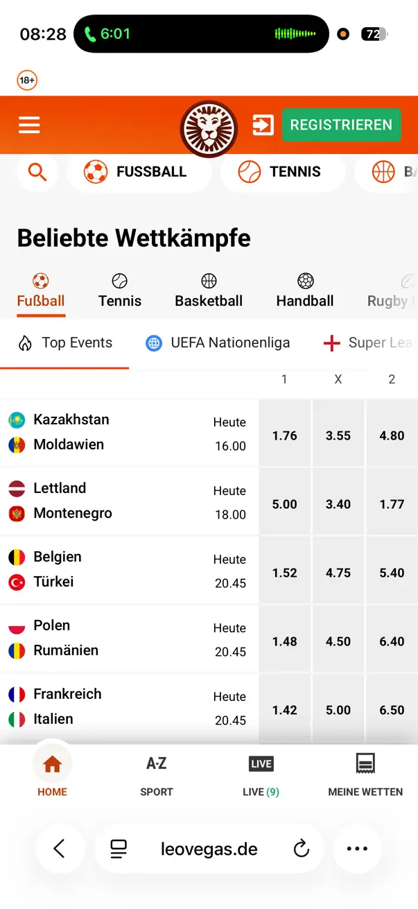 Mobile Sportwetten Startseite von LeoVegas auf dem Smartphone