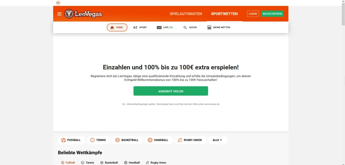 LeoVegas Sportwetten Willkommensangebot mit 100 Prozent bis 100 Euro