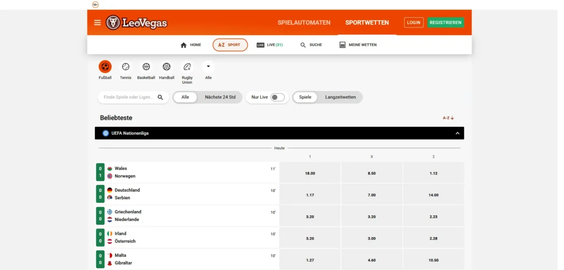 Sportwetten Startseite von LeoVegas am Desktop