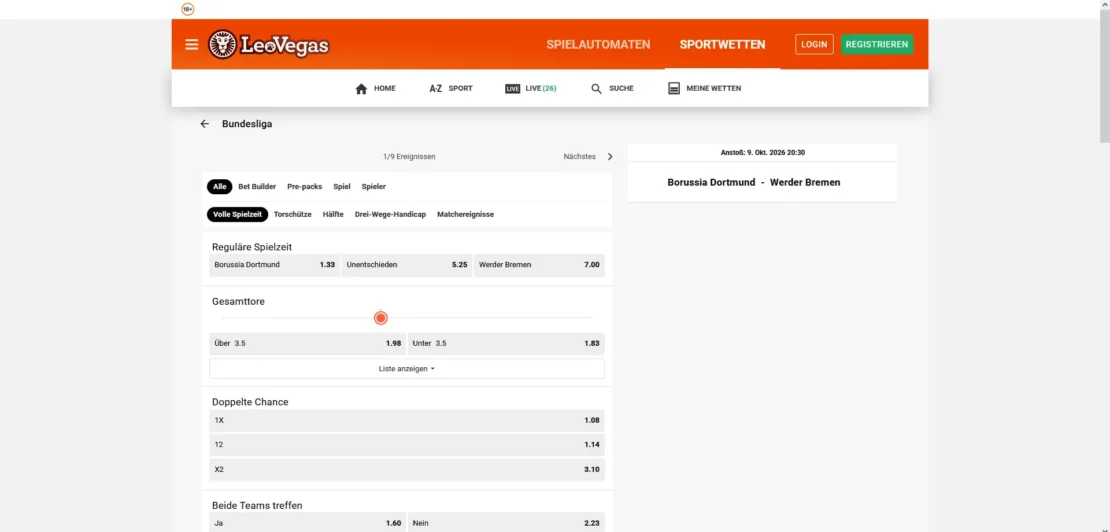 Wettmärkte zu einem Bundesliga Spiel bei LeoVegas