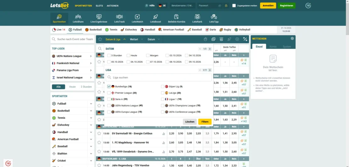 Filter Datum und Liga auf der Letsbet Website