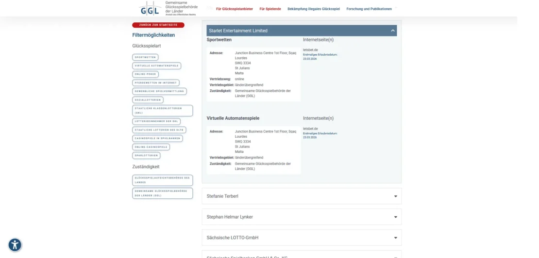 Eintrag von Letsbet auf der Whitelist der GGL