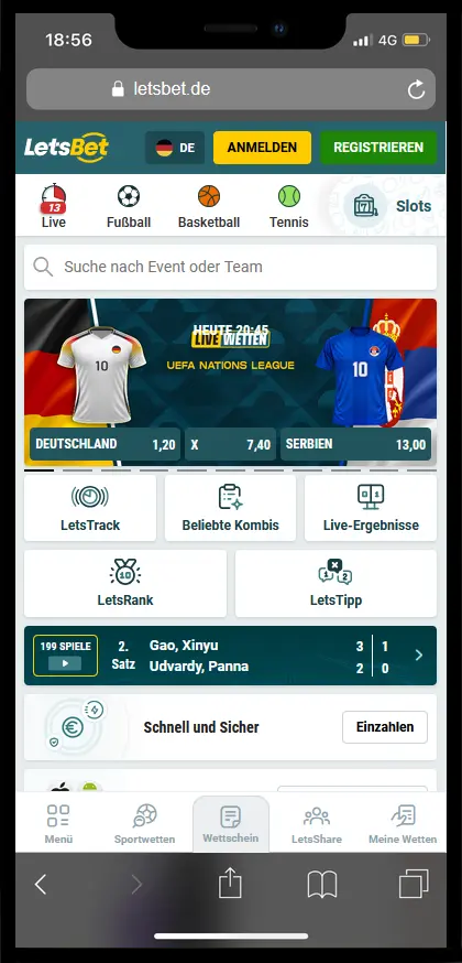 Mobile Startseite von Letsbet auf dem Smartphone