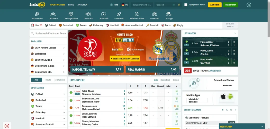 Startseite von Letsbet am Desktop