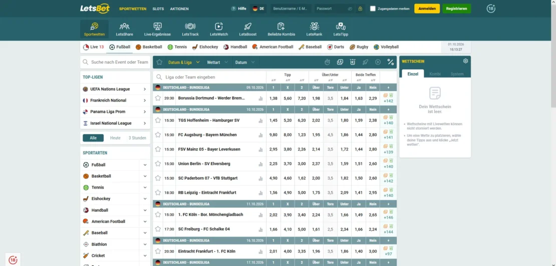 Wettmärkte zu einem Bundesliga Spiel bei Letsbet