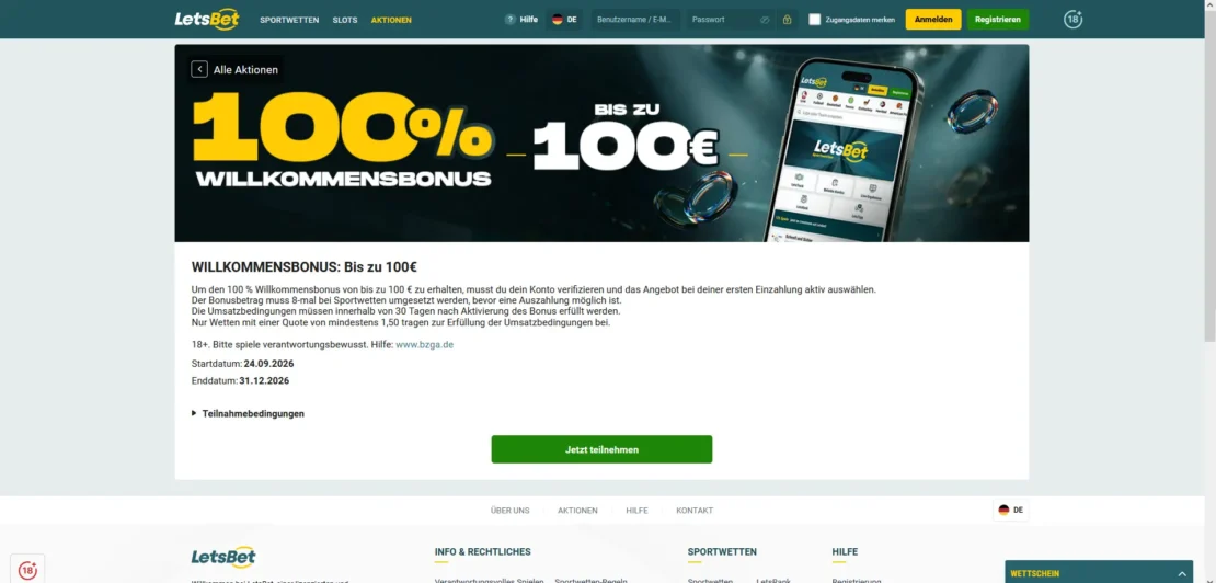 Letsbet Willkommensbonus mit 100 Prozent bis 100 Euro