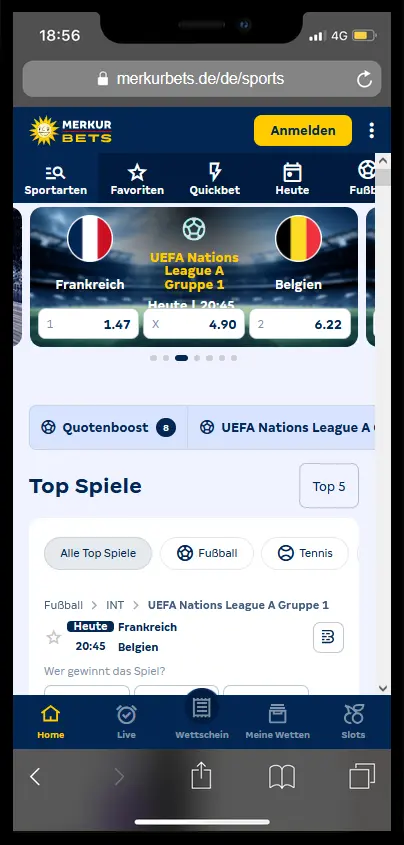 Startseite der Merkur Bets App auf dem Smartphone