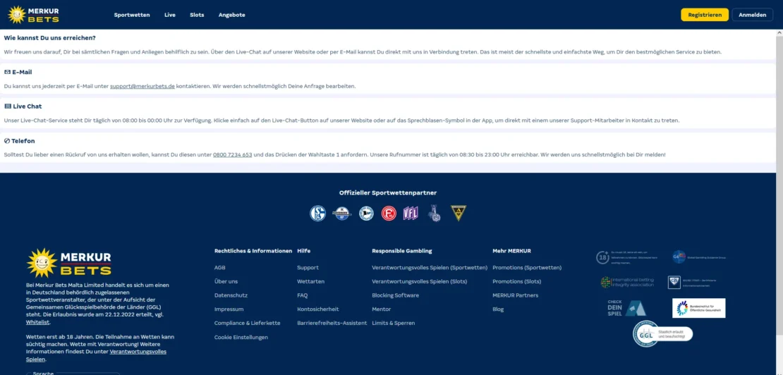 Kontaktmöglichkeiten bei Merkur Bets mit Chat, E-Mail und Rückruf