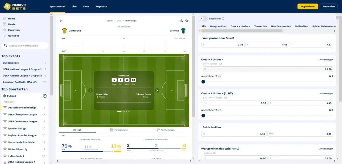 Wettmärkte zu einem Bundesliga Spiel bei Merkur Bets