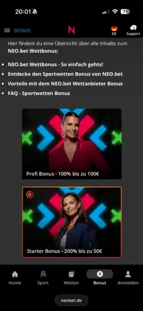 Neobet Anmeldung mit Auswahl von Starter Bonus oder Profi Bonus statt Promotion Code