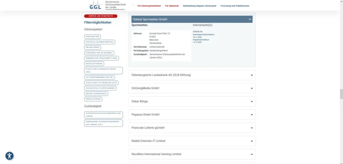 Eintrag von Oddset auf der Whitelist der GGL