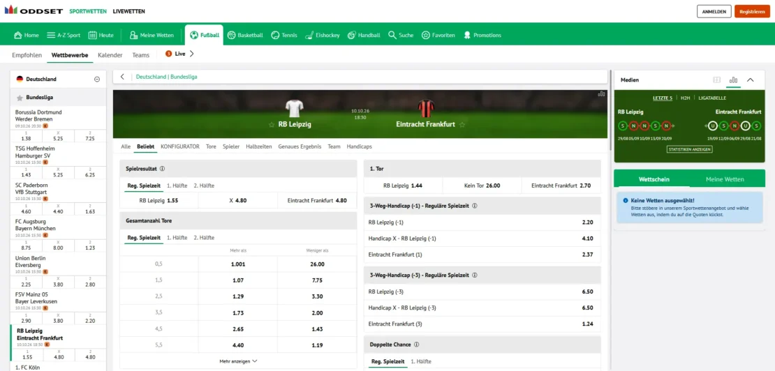 Wettmärkte zu einem Bundesliga Spiel bei Oddset