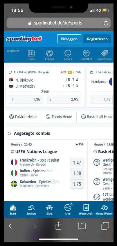 Startseite der Sportingbet App auf dem Smartphone